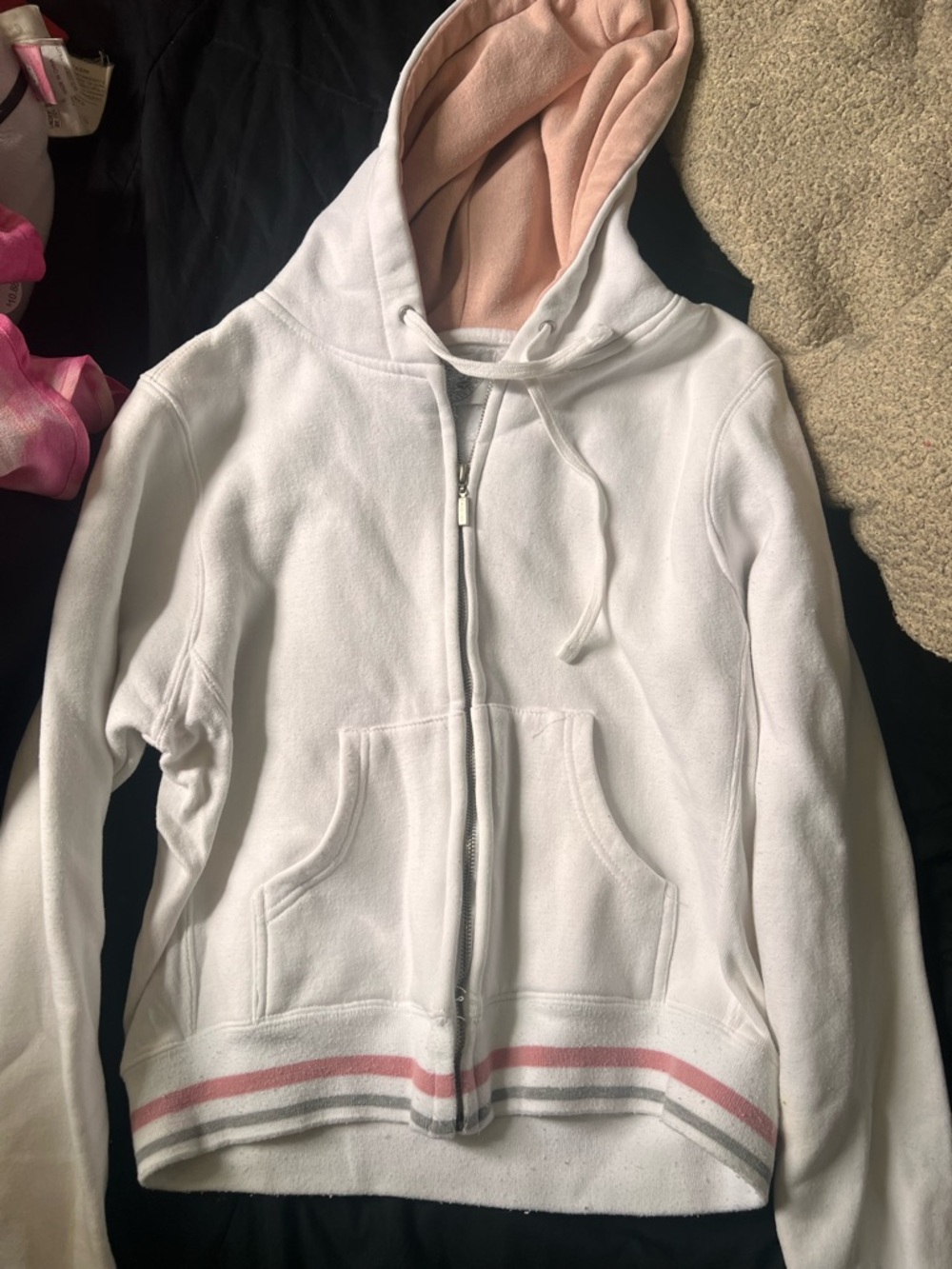 White Zip Hoodie with Pink Hood Lining